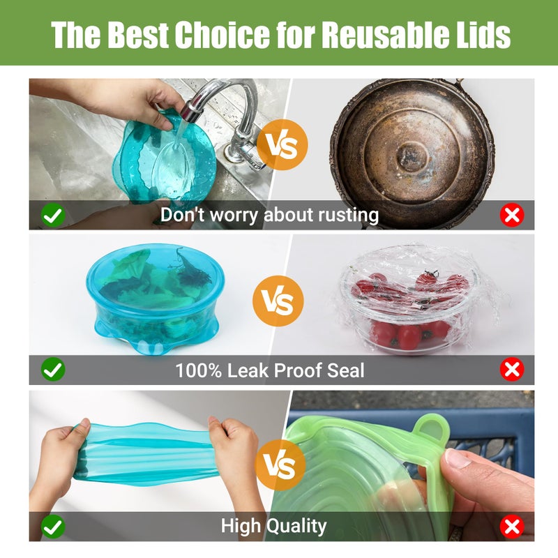 Rottogoon Silicone Stretch Lids for Food Storage in Fridge, Reusable Elastic Bowl Covers for Cup, Cans, Jars, Round & Rectangle Container, Food Grade Silicone Microwave Food Cover, Heat-Resistant, Blue, 6PCS - Image 4