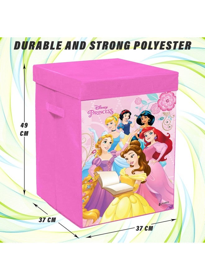 Kuber Industries Disney Princess Print Laundry Basket|Foldable Clothes Hamper|Storage Basket For Toys,Books With Handle & Lid,60 Ltr.(Pink) - Image 3