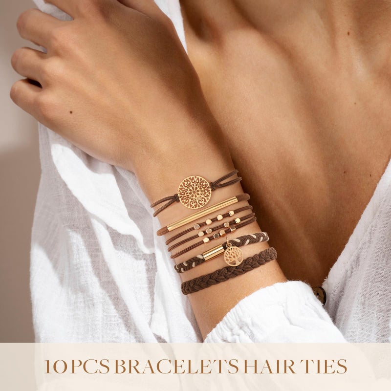 SYGY 10 PCS Boho Hair Ties, Bracelets for Thick & Thin Hair, 5 Styles No Damage, Dark Coffee Colors - Image 3
