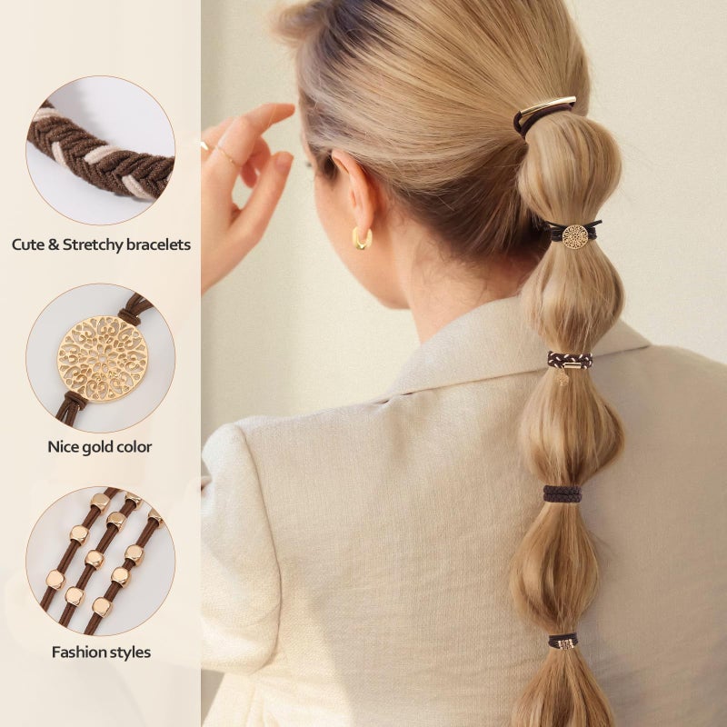 SYGY 10 PCS Boho Hair Ties, Bracelets for Thick & Thin Hair, 5 Styles No Damage, Dark Coffee Colors - Image 4