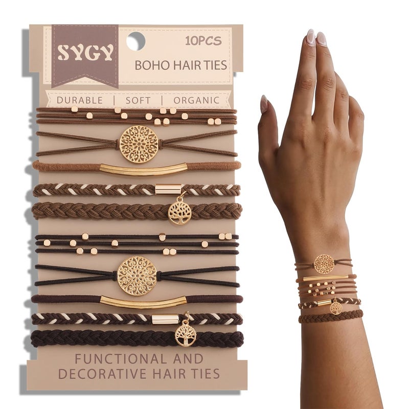SYGY 10 PCS Boho Hair Ties, Bracelets for Thick & Thin Hair, 5 Styles No Damage, Dark Coffee Colors - Image 1