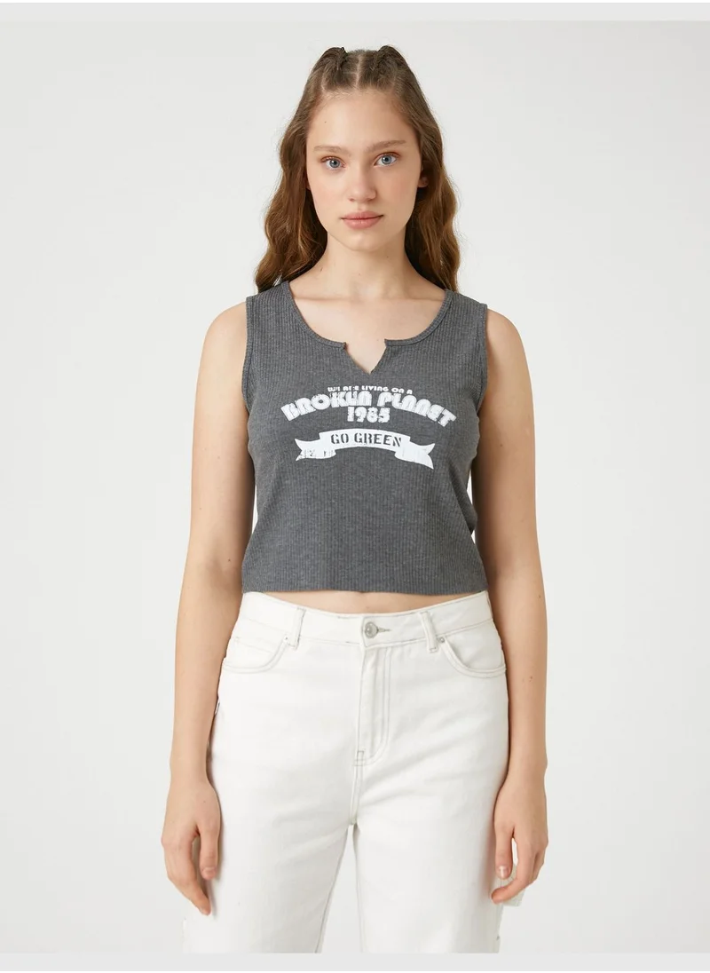 كوتون Crop Tank Top Printed Crew Neck Pocket Detail
