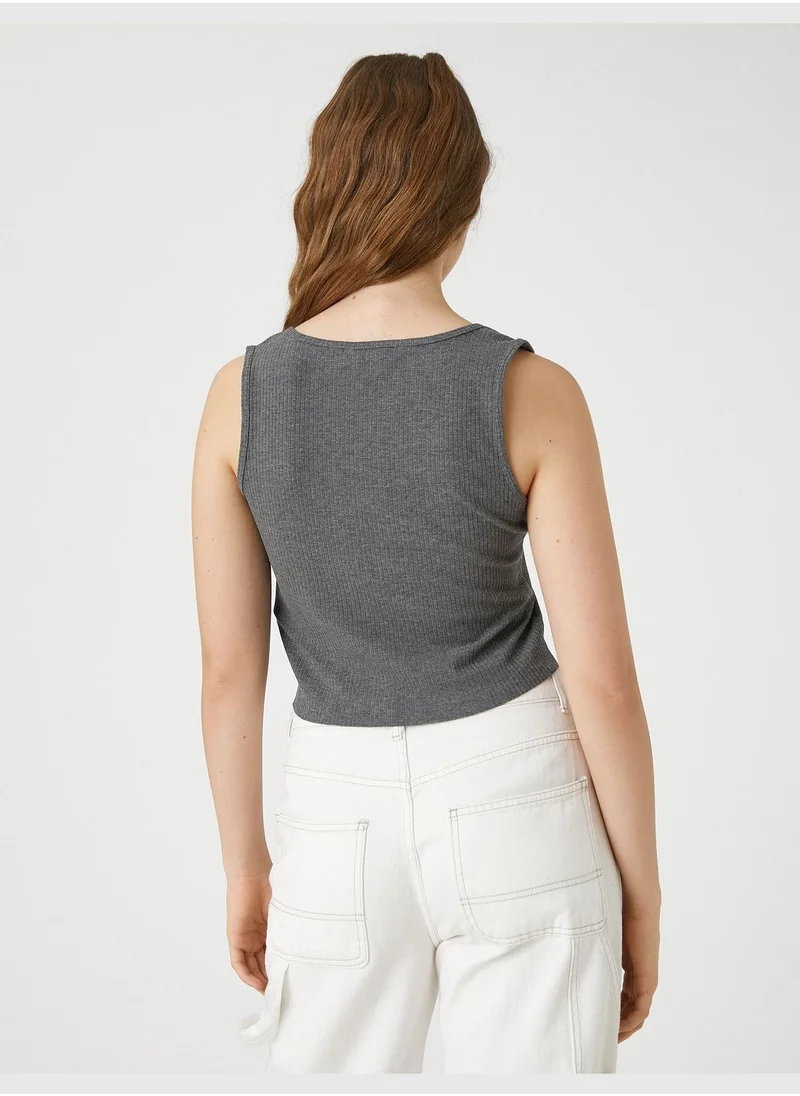 كوتون Crop Tank Top Printed Crew Neck Pocket Detail