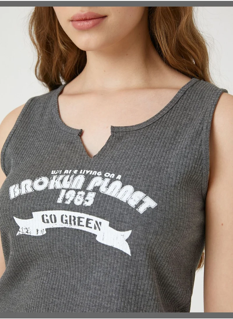كوتون Crop Tank Top Printed Crew Neck Pocket Detail