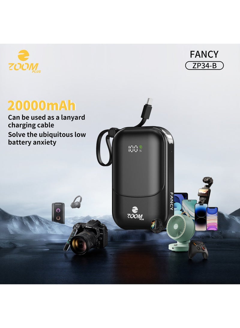 Zoom Plus Fancy 20000mAh Power Bank, 22.5W PD Fast Charging Portable Charger with Built-in Cable, LED Digital Display, Compact Battery Pack for iPhone, Android and USB-C Devices (ZP34, Black) - Image 1