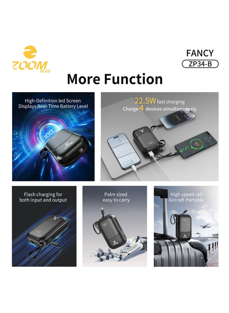 Zoom Plus Fancy 20000mAh Power Bank, 22.5W PD Fast Charging Portable Charger with Built-in Cable, LED Digital Display, Compact Battery Pack for iPhone, Android and USB-C Devices (ZP34, Black) - Image 2