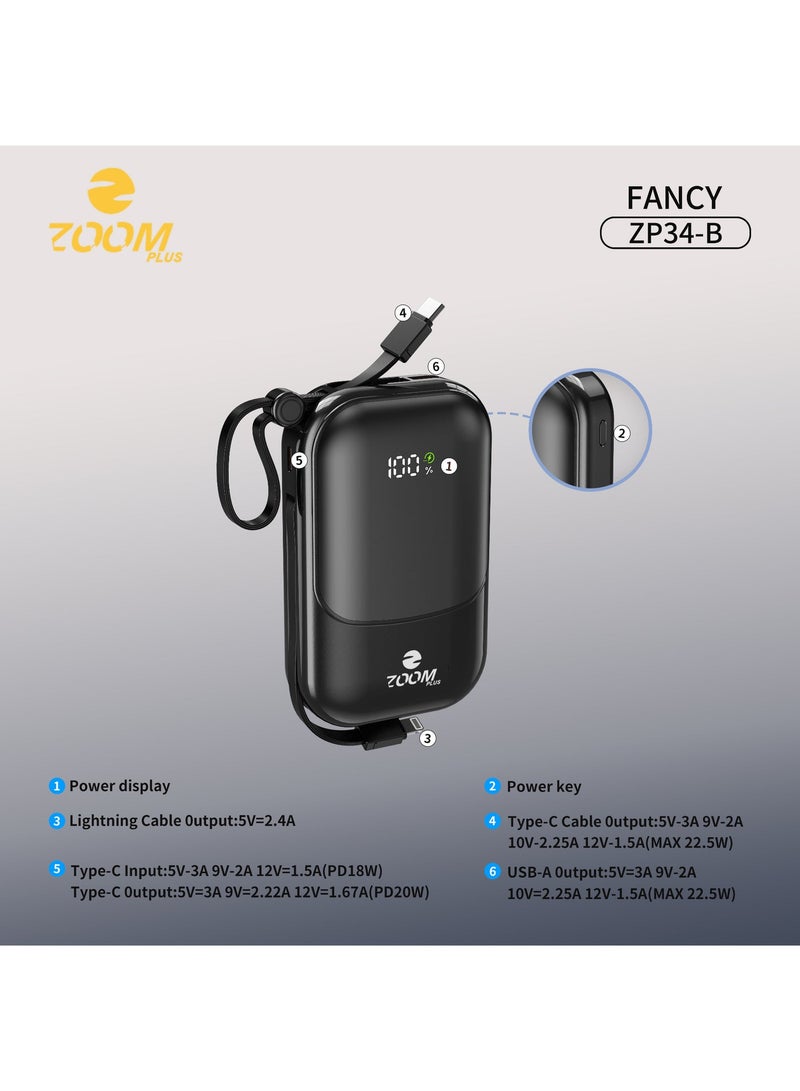 Zoom Plus Fancy 20000mAh Power Bank, 22.5W PD Fast Charging Portable Charger with Built-in Cable, LED Digital Display, Compact Battery Pack for iPhone, Android and USB-C Devices (ZP34, Black) - Image 3