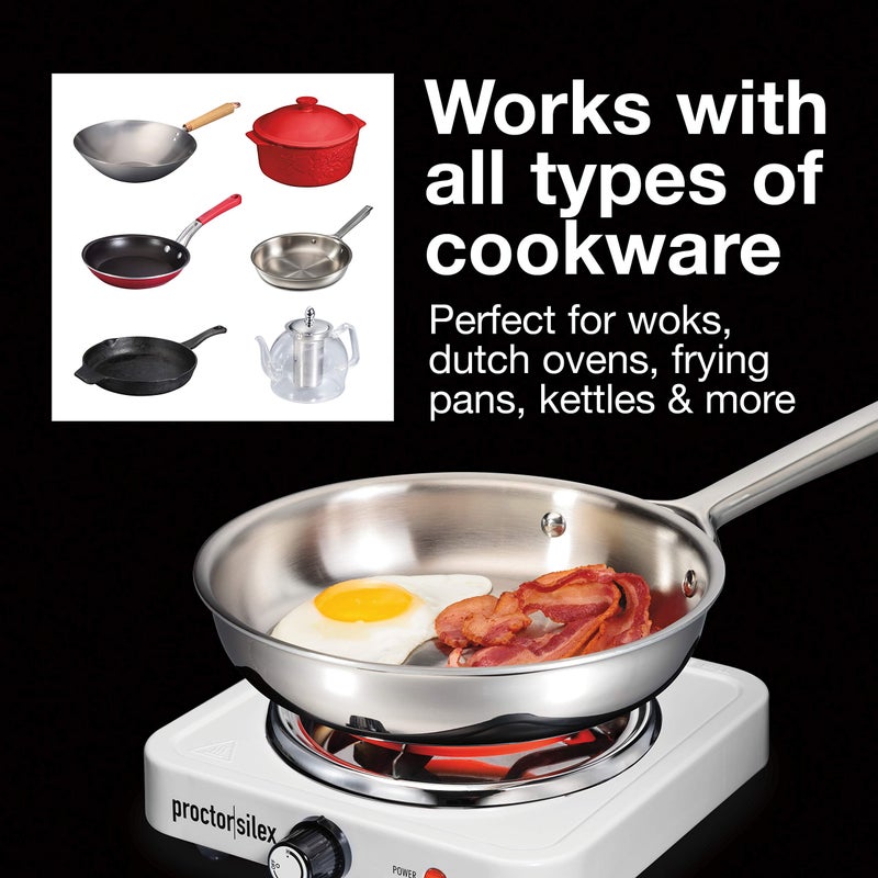 Proctor Silex Portable Electric Stove, Stainless Steel Single Burner Cooktop, Compact, Adjustable Temperature Hot Plate, 1200 Watts, White (34106) - Image 4