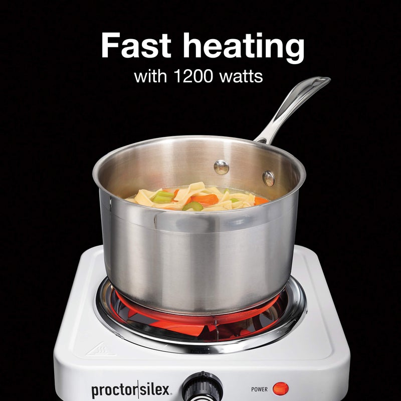 Proctor Silex Portable Electric Stove, Stainless Steel Single Burner Cooktop, Compact, Adjustable Temperature Hot Plate, 1200 Watts, White (34106) - Image 2