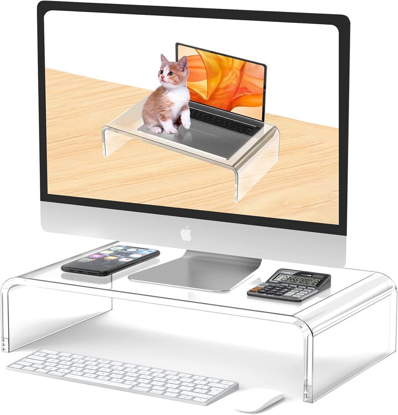 Beimu Acrylic Monitor Stand Riser L16''xW7.5''xH4'' Acrylic Laptop Stand Riser PC Holder Clear Computer Monitor Stand for Desk White Laptop Stand for Desk Compatible with iMac MacBook All Notebooks - Image 1
