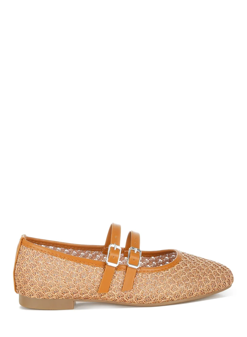 London Rag Pin Buckle Strapped Ballerinas in Tan