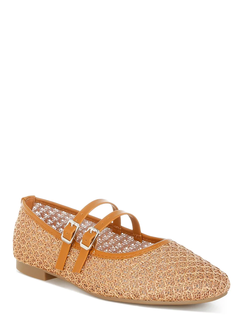 London Rag Pin Buckle Strapped Ballerinas in Tan