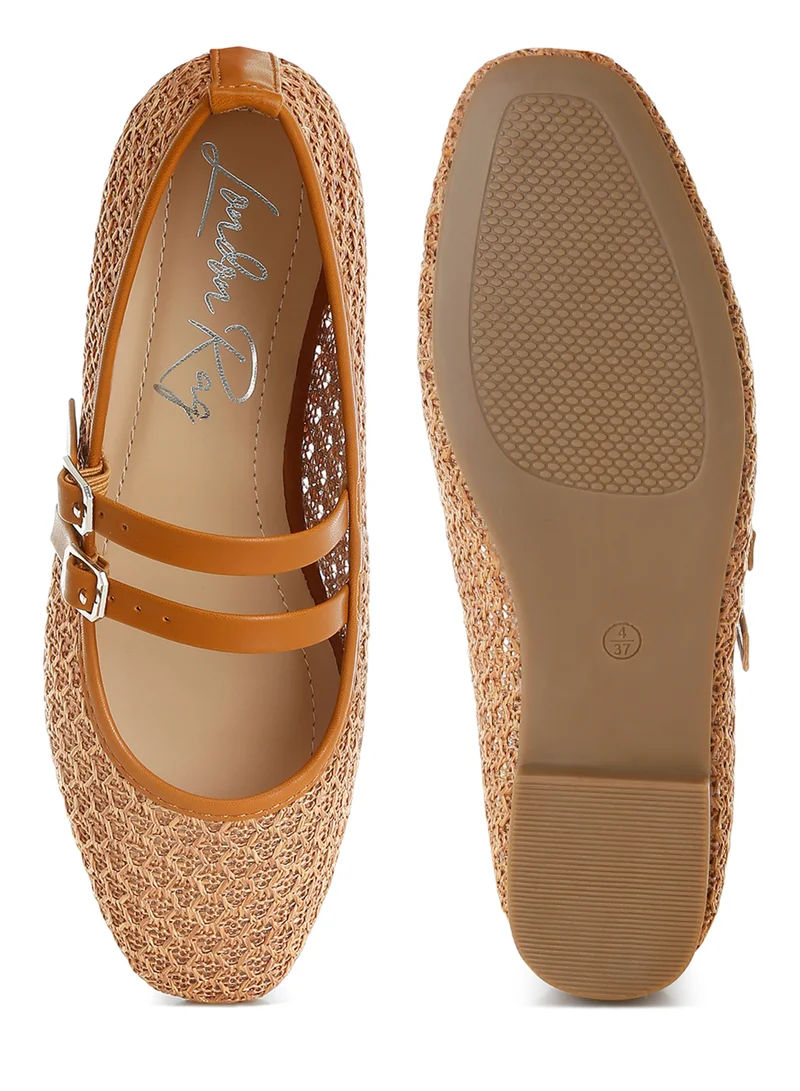 London Rag Pin Buckle Strapped Ballerinas in Tan