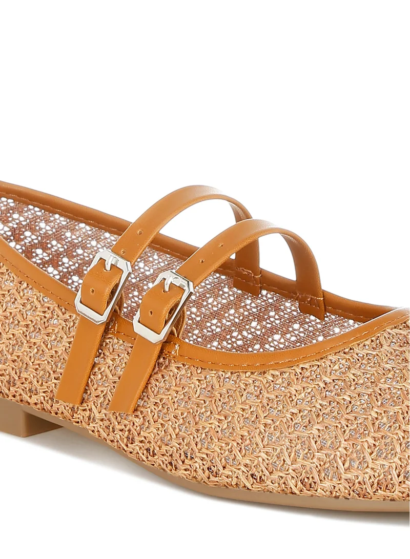 London Rag Pin Buckle Strapped Ballerinas in Tan