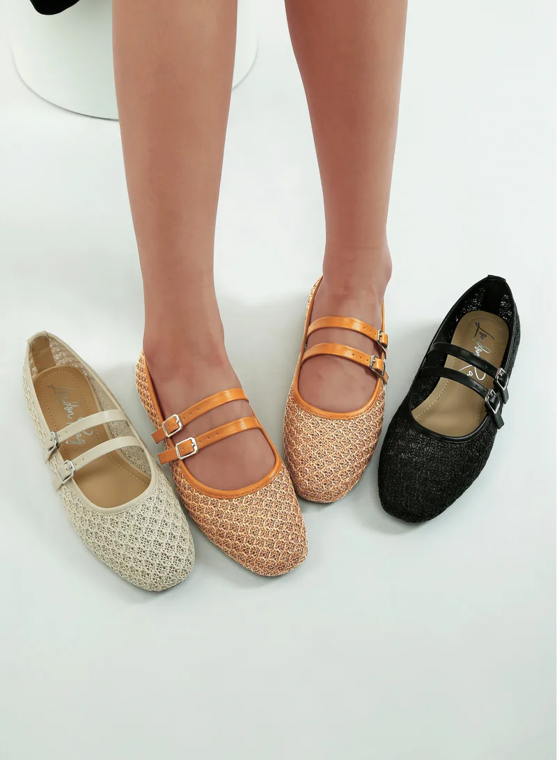 London Rag Pin Buckle Strapped Ballerinas in Tan