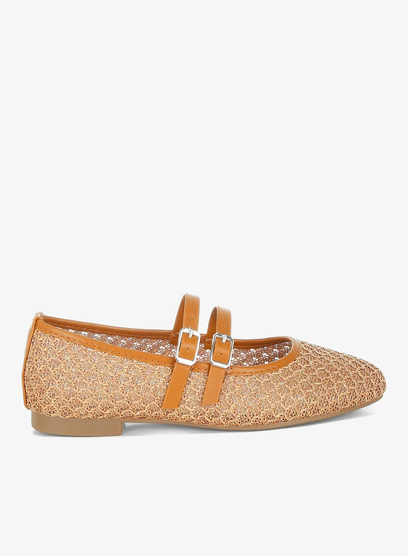 Pin Buckle Strapped Ballerinas in Tan