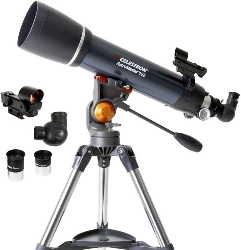 سلسترون تلسكوب Celestron AstroMaster 102AZ، تلسكوب انكساري للمبتدئين، عدسات زجاجية مطلية متعددة الطبقات، قاعدة ثلاثية الأرجل قابلة للتعديل في الارتفاع، بالإضافة إلى حزمة برمجيات علم فلك مجانية - Image 1