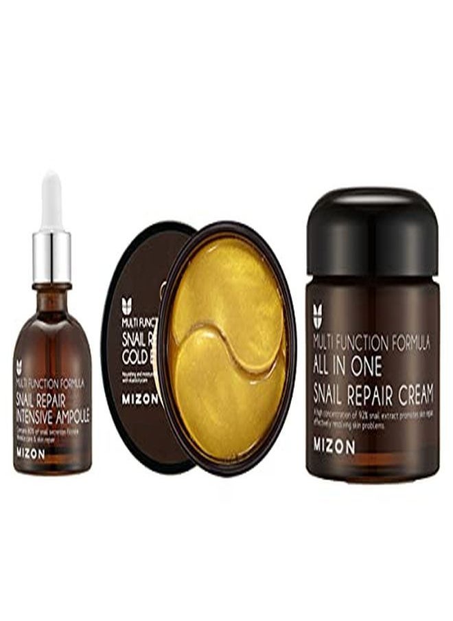 MIZON - Multi Function Total Care Set - Snail Ampoule + Snail Cream + Gold Snail Eye Patches For Skin Moisture, Soothing, Regeneration And Anti-Wrinkle Effect - Image 1