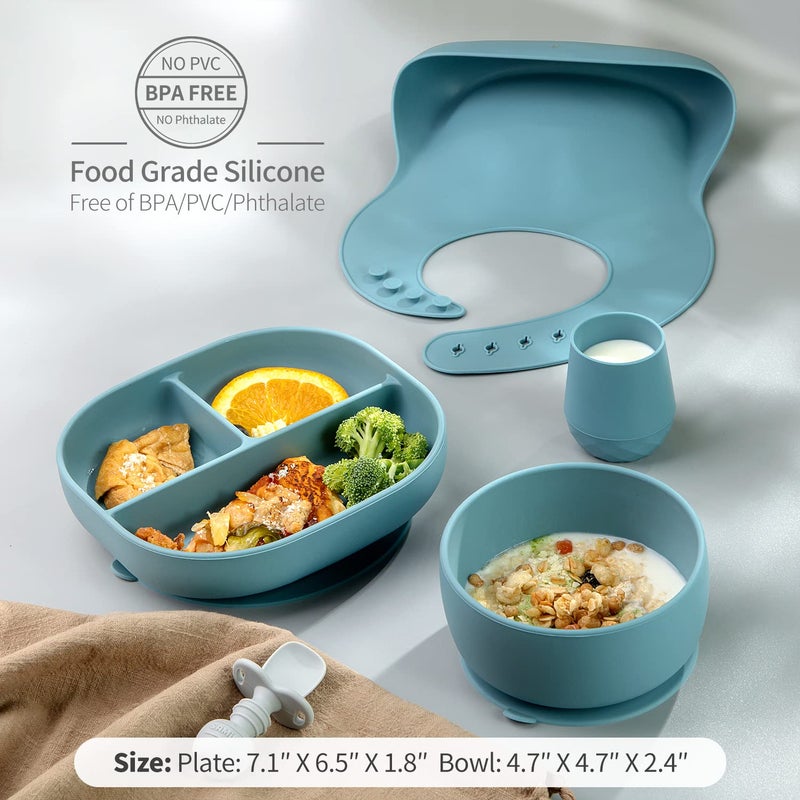 SAMiGO Silicone Baby Feeding Set, Baby Led Weaning Supplies, Suction Bowl Plate Bib Cup Self Feeding Spoons, Solid Food Eating Essentials, First Stage Utensils, 6+ Months - Image 4