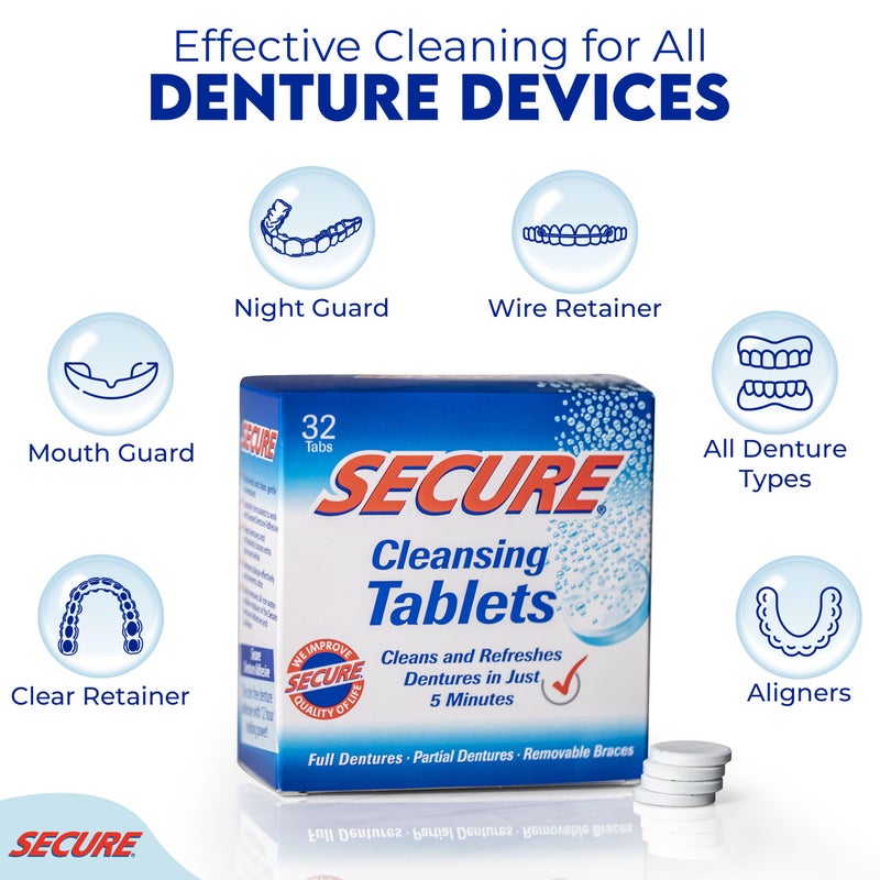 Secure Daily Cleansing Tablets - pH 9 Formula Thoroughly Cleans Dentures - Fights Odors, Stains & Germs - For Dentures, Nightguards, Retainers & Partials - 32 Tablets (2 Pack) - Image 4