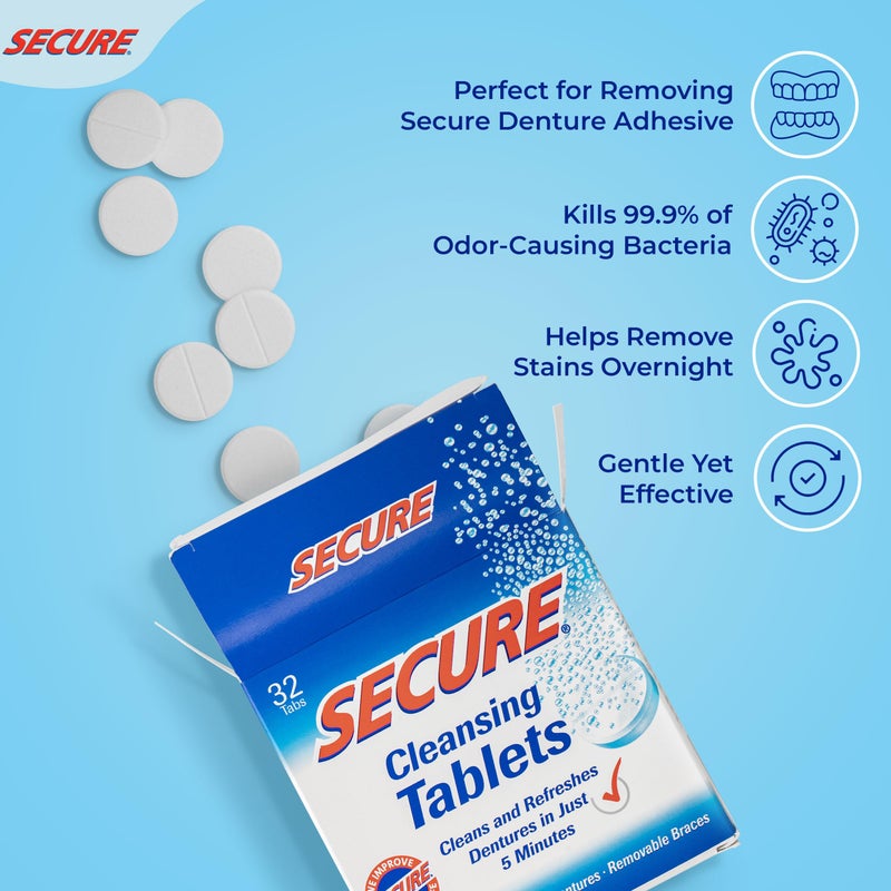 Secure Daily Cleansing Tablets - pH 9 Formula Thoroughly Cleans Dentures - Fights Odors, Stains & Germs - For Dentures, Nightguards, Retainers & Partials - 32 Tablets (2 Pack) - Image 2