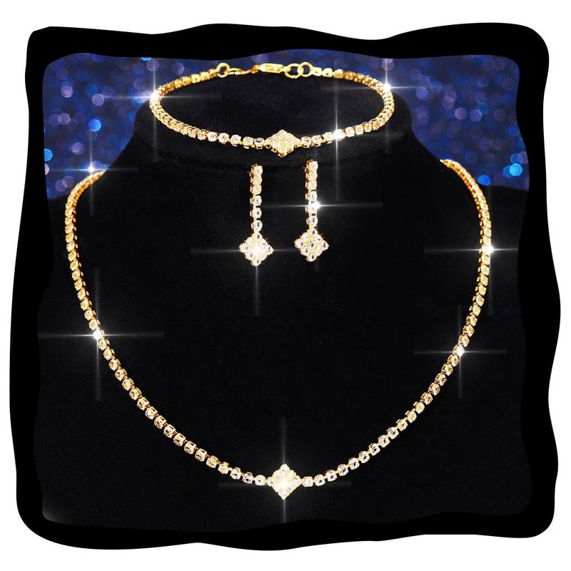 Aukmla Rhinestones Bridal Wedding Jewelry Sets Sparkly Necklace Earrings Bracelet Set Prom Formal Jewelry for Brides and Women (Gold) - Image 1