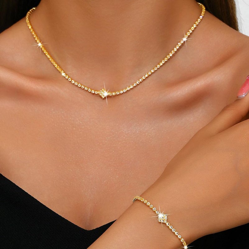 Aukmla Rhinestones Bridal Wedding Jewelry Sets Sparkly Necklace Earrings Bracelet Set Prom Formal Jewelry for Brides and Women (Gold) - Image 5