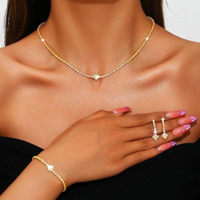 Aukmla Rhinestones Bridal Wedding Jewelry Sets Sparkly Necklace Earrings Bracelet Set Prom Formal Jewelry for Brides and Women (Gold) - Image 2