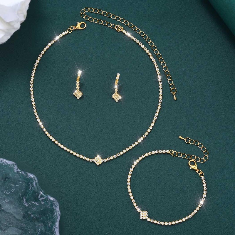 Aukmla Rhinestones Bridal Wedding Jewelry Sets Sparkly Necklace Earrings Bracelet Set Prom Formal Jewelry for Brides and Women (Gold) - Image 3