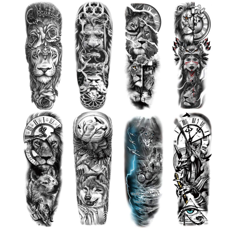 Fake Lion Sleeve Tattoo Stickers Full Arm Animal Temporary Tattoos Sleeves for Adult Kids Women Makeup 8Sheet