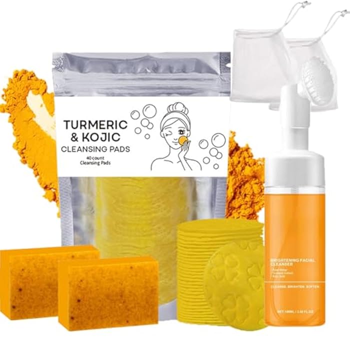 Baorder 4Pcs Turmeric Wash and Care Set,Tuemeric Facial Cleanser, Turmeric Cleansing Exfoliating Pads,Handmade Soap Bubble Mesh Bags,Turmeric Soap Combo,Skin Care Set for Face & Body,Deep Cleansing - Image 1