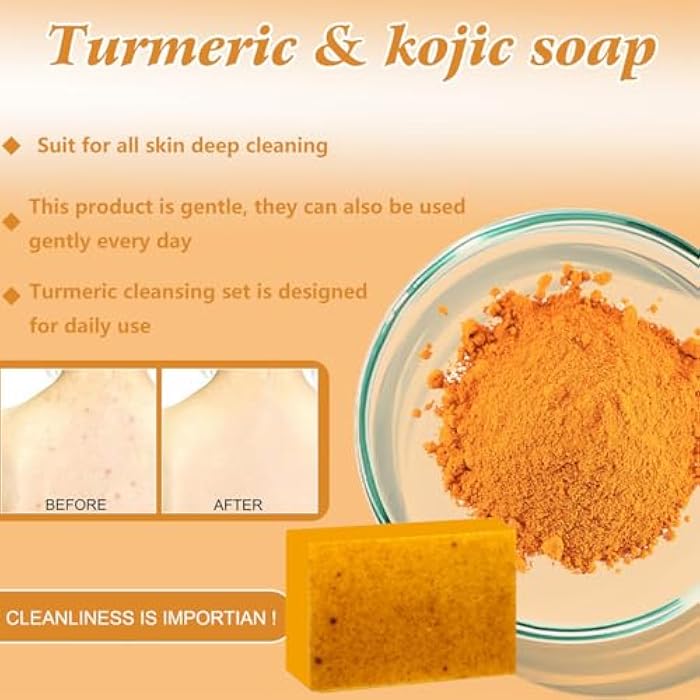 Baorder 4Pcs Turmeric Wash and Care Set,Tuemeric Facial Cleanser, Turmeric Cleansing Exfoliating Pads,Handmade Soap Bubble Mesh Bags,Turmeric Soap Combo,Skin Care Set for Face & Body,Deep Cleansing - Image 4
