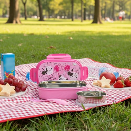 Gluman Lunch Box for School | Lunch Box for Kids | Tiffin Box with Steel Veg Box and Spork Spoon | Disney Minnie Cartoon Character Removable Stainless Steel Inner SS-304 Lunch Box for Girls | 800 ml - Image 3