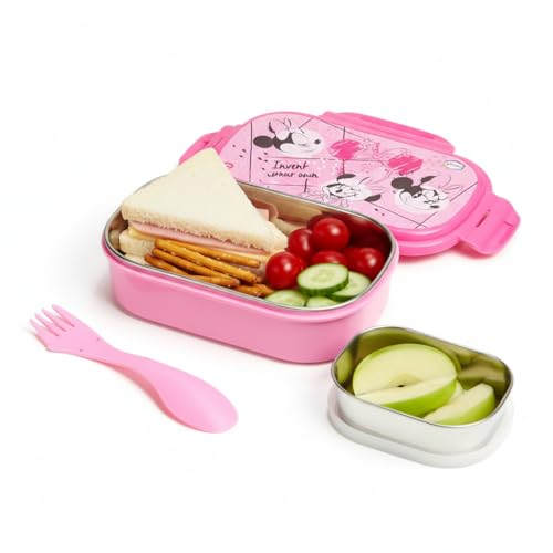 Gluman Lunch Box for School | Lunch Box for Kids | Tiffin Box with Steel Veg Box and Spork Spoon | Disney Minnie Cartoon Character Removable Stainless Steel Inner SS-304 Lunch Box for Girls | 800 ml - Image 1