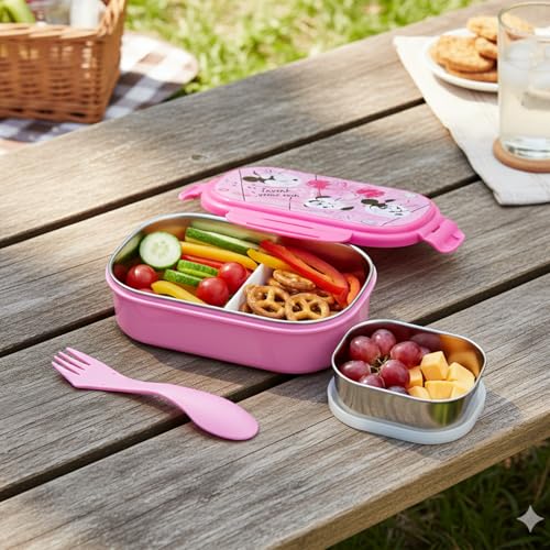 Gluman Lunch Box for School | Lunch Box for Kids | Tiffin Box with Steel Veg Box and Spork Spoon | Disney Minnie Cartoon Character Removable Stainless Steel Inner SS-304 Lunch Box for Girls | 800 ml - Image 4