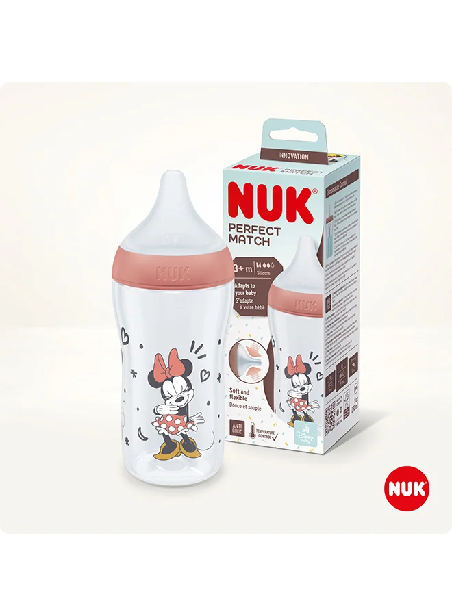 NUK Perfect Match Baby Feeding Bottle | 3+ Months, Temperature Control, Anti-Colic Valve And Bpa Free | M-Silicone Teat, Disney'S Mickey Mouse-260Ml  Red