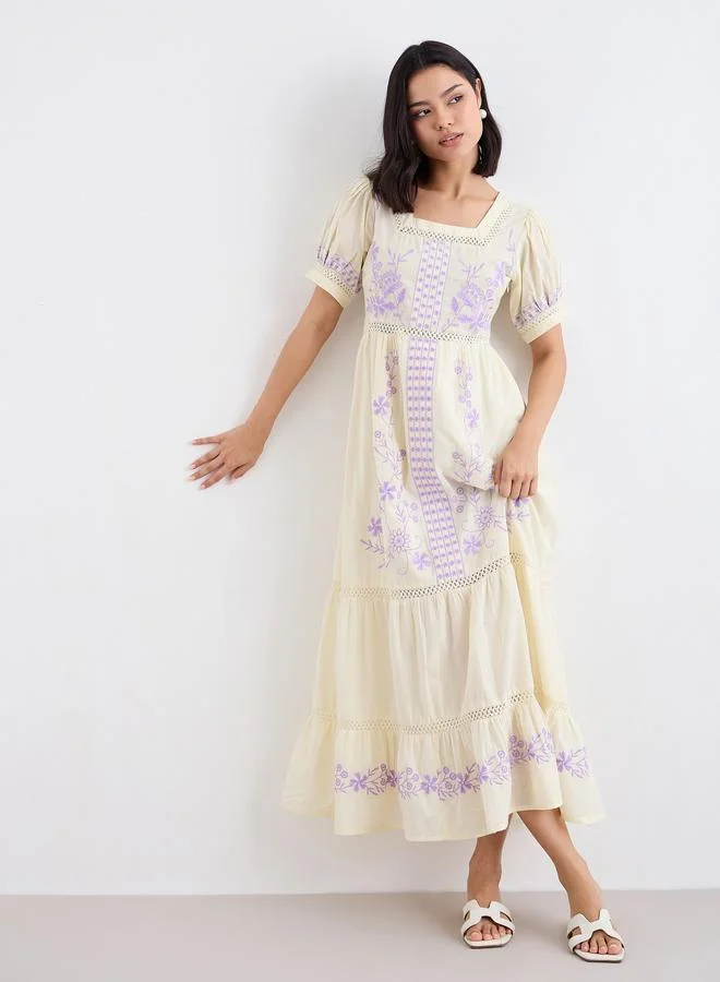 Styli Beige Embroidered Cotton Maxi Dress