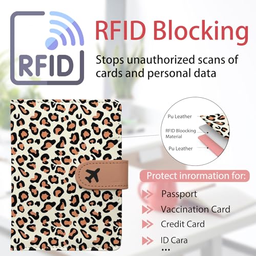 LumeTrav Passport Holder, Travel Wallet Cover with Pen Loop | Cute RFID Blocking Leather Case with Magnetic Closure for Travel Essentials-Leopard - Image 3