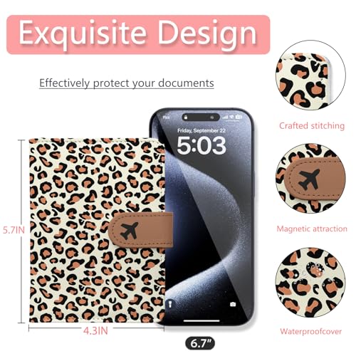 LumeTrav Passport Holder, Travel Wallet Cover with Pen Loop | Cute RFID Blocking Leather Case with Magnetic Closure for Travel Essentials-Leopard - Image 4