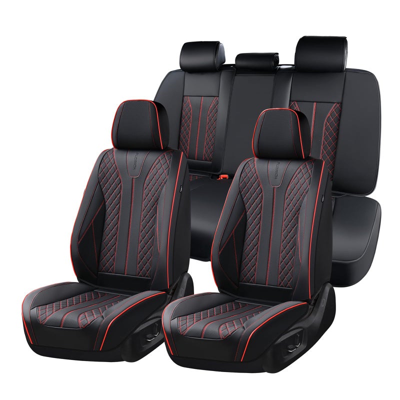 FLORICH Leather Seat Covers Car Seat Cover Front and Rear Seat Cover 5 Seats Automotive Seat Covers Waterproof Seat Covers for Cars Universal Fit for Most Cars SUV Trucks, Black&Red Line - Image 1