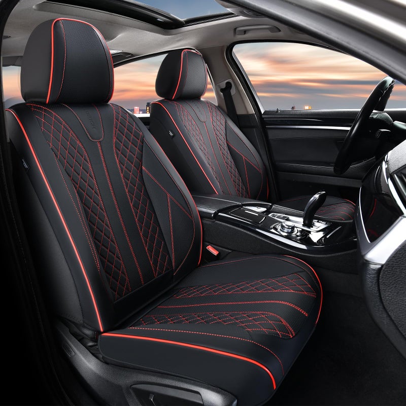 FLORICH Leather Seat Covers Car Seat Cover Front and Rear Seat Cover 5 Seats Automotive Seat Covers Waterproof Seat Covers for Cars Universal Fit for Most Cars SUV Trucks, Black&Red Line - Image 2