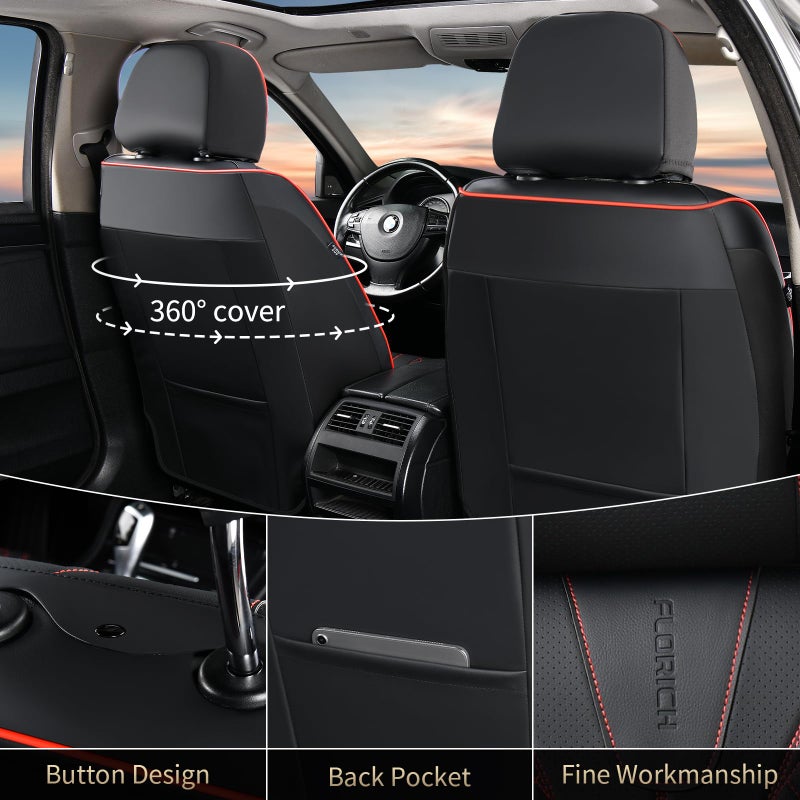 FLORICH Leather Seat Covers Car Seat Cover Front and Rear Seat Cover 5 Seats Automotive Seat Covers Waterproof Seat Covers for Cars Universal Fit for Most Cars SUV Trucks, Black&Red Line - Image 3