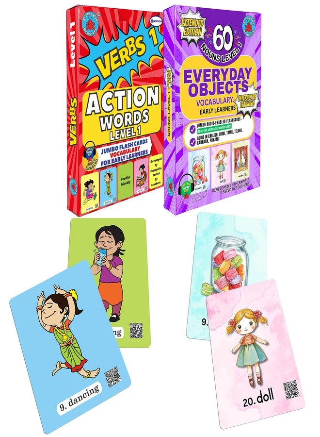 Brainy Bug Resources Brainy Bug Ressources Early Years Flashcards with App-Enabled Audio | 30 Everyday Objects and 30 Action Words - Level 1 | Audio in Hindi, English, Punjabi, Tamil, Kannada, Telugu | Spoken English - Image 1
