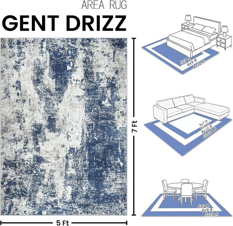Gent drizz سجادات المناطق لغرفة المعيشة: سجادة كبيرة مقاس 5x7، ناعمة، ذات تصميم معاصر ومجرد، مزودة بطبقة خلفية مطاطية غير زلقة لوضعها تحت طاولة الطعام، مناسبة لغرفة النوم، المكتب، أو المنزل الريفي، بلون أزرق. - Image 2