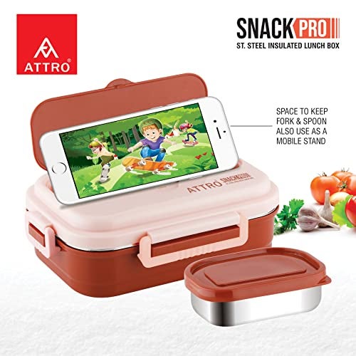 Attro Snackpro Plastic Lunch Box Airtight & Leak Proof Containers with Plastic Fork for Office Use, School, Picnic, 800 Ml - Peach - Image 2