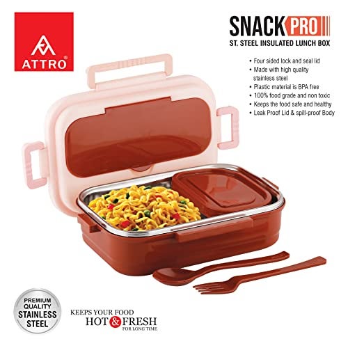 Attro Snackpro Plastic Lunch Box Airtight & Leak Proof Containers with Plastic Fork for Office Use, School, Picnic, 800 Ml - Peach - Image 3