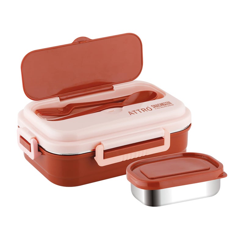 Attro Snackpro Plastic Lunch Box Airtight & Leak Proof Containers with Plastic Fork for Office Use, School, Picnic, 800 Ml - Peach - Image 5