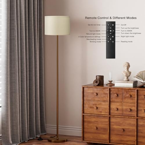 Ambimall Floor Lamps for Living Room with Remote Control and Stepless Dimmable Colors Temperature & Brightness, 9W Bulb Included(Beige Lampshade & Brown Pole) - Image 4
