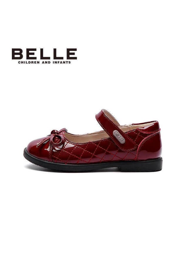 Belle Children's Shoes, Girls' Black Leather Shoes, Spring And Autumn Soft-soled Children's Shoes, Student Shoes For Older Children, Performance Shoes, Flats, Deep Red, Size 36 - Image 1