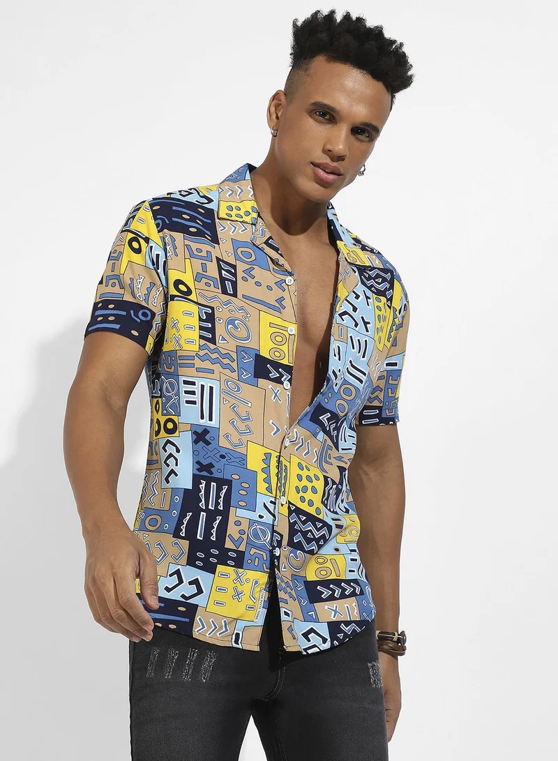 Men's Blue & Beige Aztec Print Shirt